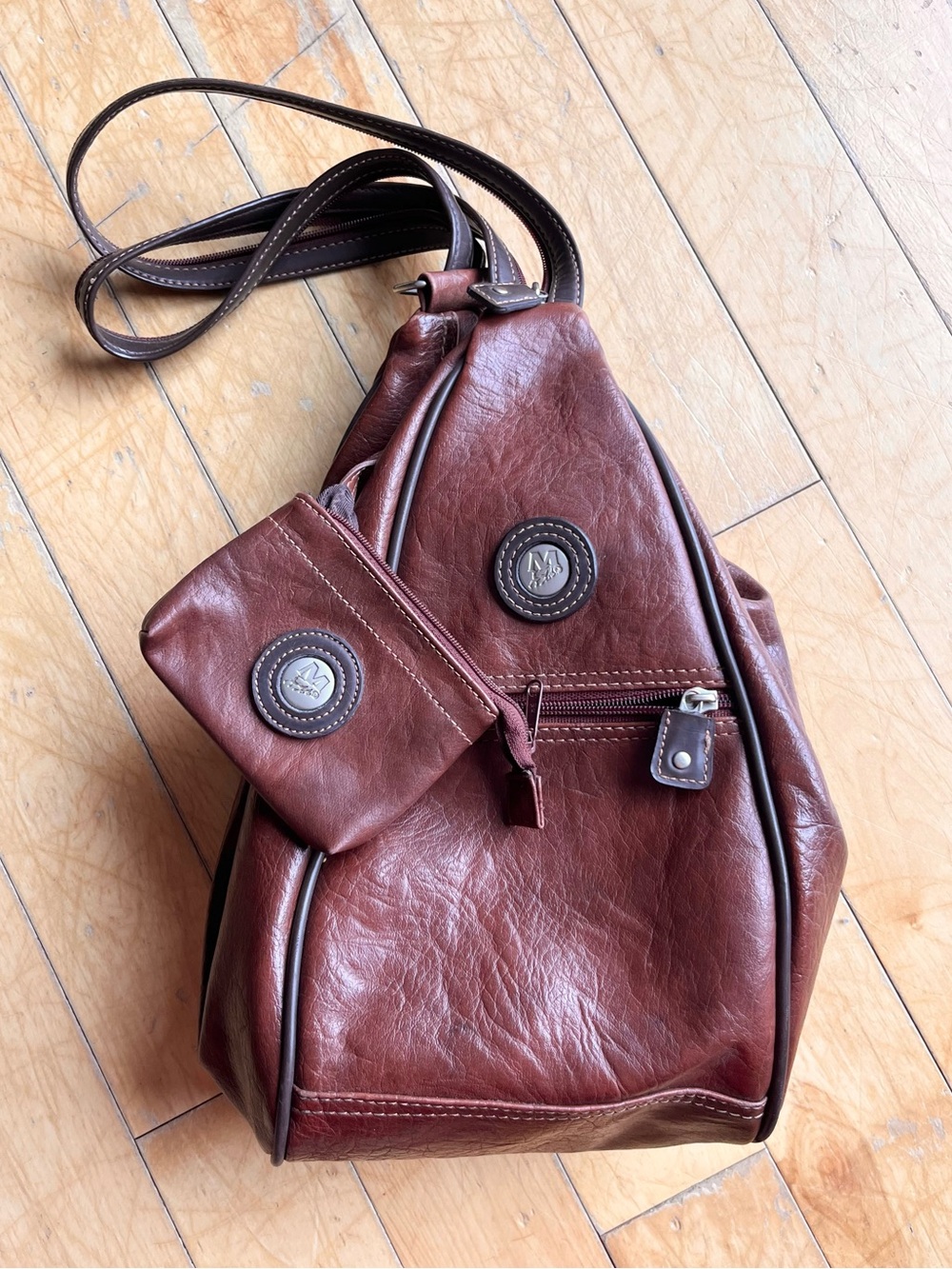 Mouflon Vintage Real Leather Sling Crossbody OR Backpack & Matching Coin Pouch